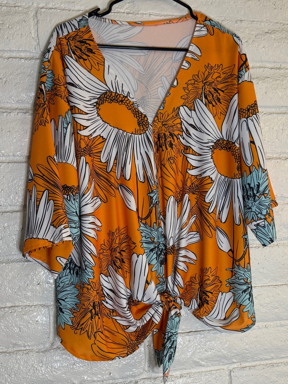Sunflower Floral Wrap Front Blouse | Orange Boho Tie Waist Top | 3/4 Sleeve - Picture 3 of 11